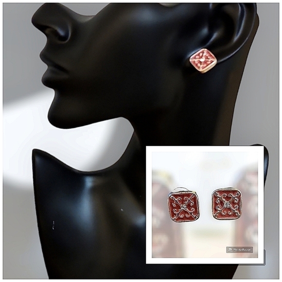 3/$30 Square Pink Floral Post Earrings - Picture 1 of 5